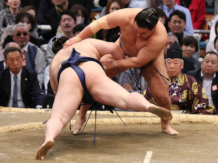 豊昇龍(奥)ははたき込みで豪ノ山を下す=12日、エディオンアリーナ大阪