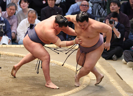 豊昇龍(左)は寄り切りで翔猿を下す=14日、エディオンアリーナ大阪