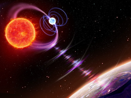赤色矮星（わいせい）と白色矮星の連星（左上）から電波が２時間おきに地球に届くイメージ図（英オックスフォード大提供）