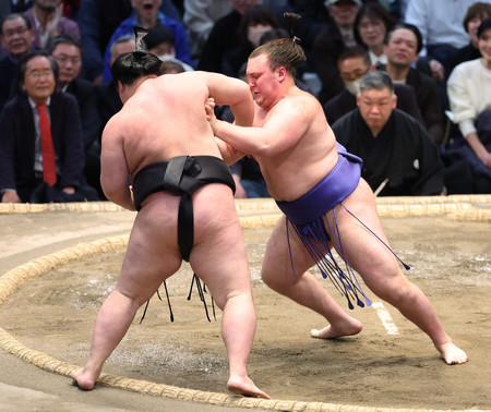 安青錦(右)は押し出しで明生を破る=20日、エディオンアリーナ大阪