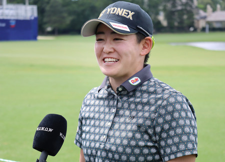 シェブロン選手権を前に取材に応じる岩井明愛＝２３日、米テキサス州ウッドランズ
