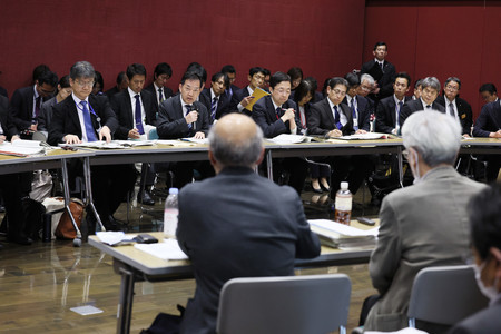 水俣病の被害者団体との懇談会で発言する浅尾慶一郎環境相(奥側左から2人目)=30日午後、熊本県水俣市