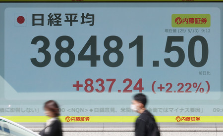 一時前日比800円超上昇した日経平均株価を示すモニター=13日午前、東京都中央区