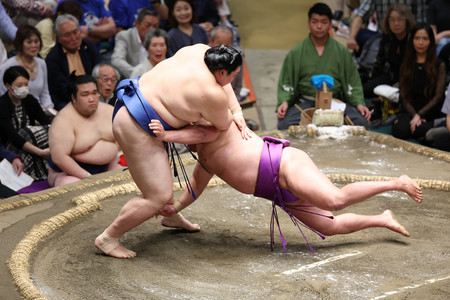 大の里(左)ははたき込みで尊富士を下す=17日、東京・両国国技館