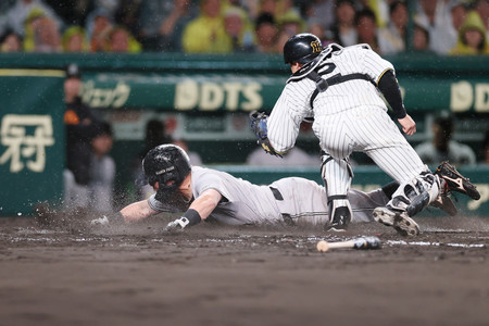 4回、井上の遊ゴロで生還する巨人の三塁走者・浅野(左)。阪神の捕手は梅野=21日、甲子園