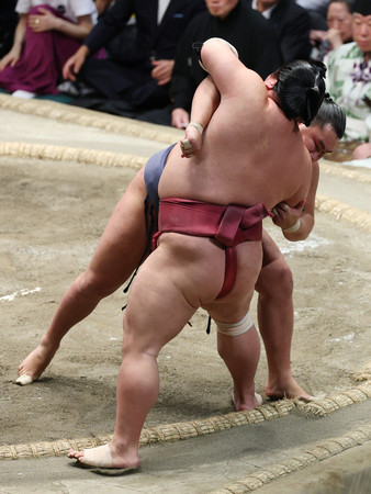 豊昇龍(奥)は寄り切りで大栄翔を下す=23日、東京・両国国技館