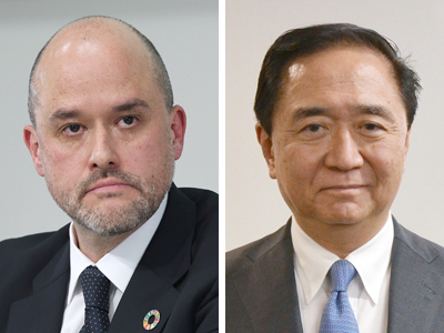 日産自動車のイバン・エスピノーサ社長(写真左)と神奈川県の黒岩祐治知事
