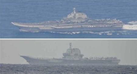 中国海軍の空母「遼寧」(写真上、防衛省統合幕僚監部提供)と「山東」(台湾国防部提供)