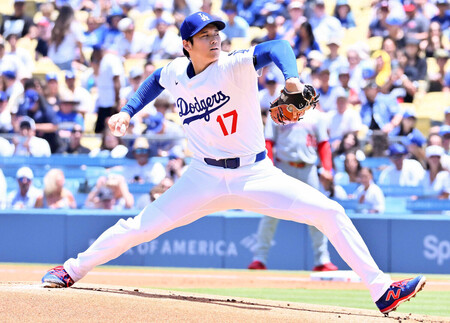 ナショナルズ戦に先発したドジャースの大谷=22日、ロサンゼルス