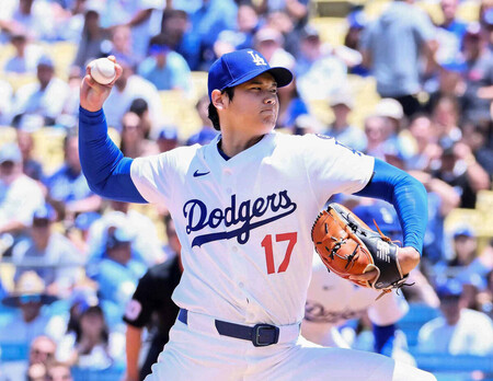 ナショナルズ戦に先発したドジャースの大谷＝２２日、ロサンゼルス