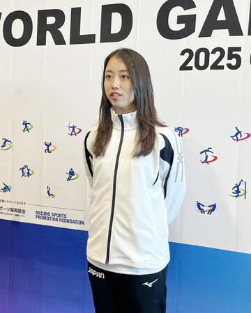 ワールドゲームズに向けて意気込みを語るフラッグフットボール女子の近江佑璃夏=18日午後、東京都新宿区