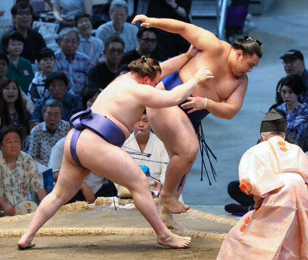 安青錦(左)は欧勝馬を押し出しで破る=19日、愛知・IGアリーナ