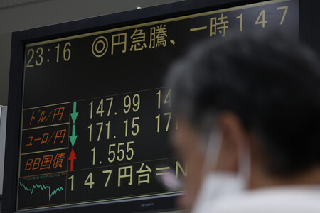 1ドル=147円台に急騰した円相場を示すモニター=1日午後、東京都中央区