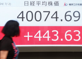 ４万円台に回復した日経平均株価を示すモニター＝２日午後、東京都中央区