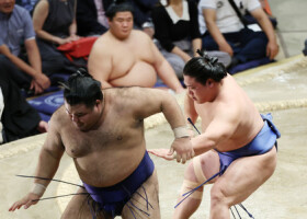 若隆景（右）は高安を押し出しで下す＝２２日、東京・両国国技館