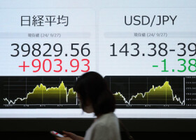 １ドル＝１４３円台の円相場と日経平均株価の終値を示すモニター＝２７日午後、東京都中央区