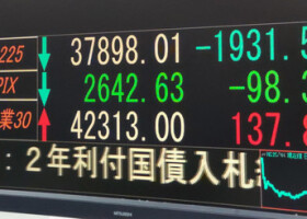 下落した日経平均株価を示すモニター＝３０日午後、東京都中央区