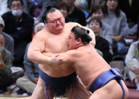 若隆景（右）は寄り切りで宝富士を下す＝２０日、福岡国際センター