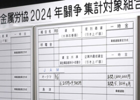 ２０２４年春闘労使交渉の回答状況をボードに書き込む金属労協の職員＝３月１３日、東京都中央区