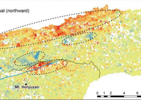 衛星画像の解析から能登半島地震による地形変動を表した図（東北大福島洋准教授ら提供）