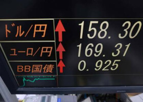 円相場を示すモニター＝２０２４年４月２７日、東京都中央区