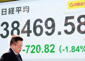 下落した日経平均株価を示すモニター＝１４日午前、東京都中央区