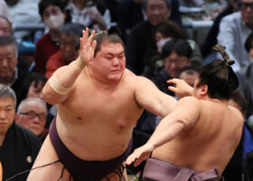 王鵬（左）は押し出しで翔猿を下す＝１１日、エディオンアリーナ大阪