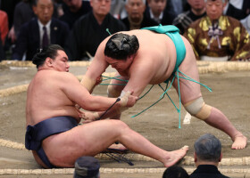 豊昇龍（左）はすくい投げで一山本に敗れて４敗目＝１７日、エディオンアリーナ大阪