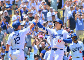 カージナルス戦の３回、２ランを放ち、迎えられるドジャースの大谷（右）＝６日、ロサンゼルス