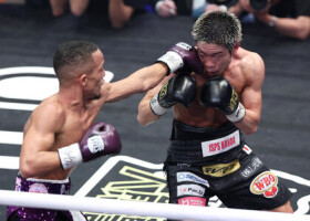 ＷＢＡ、ＷＢＯライトフライ級タイトルマッチの９回、サンティアゴ（左）に攻められる谷口将隆＝３日、東京・後楽園ホール